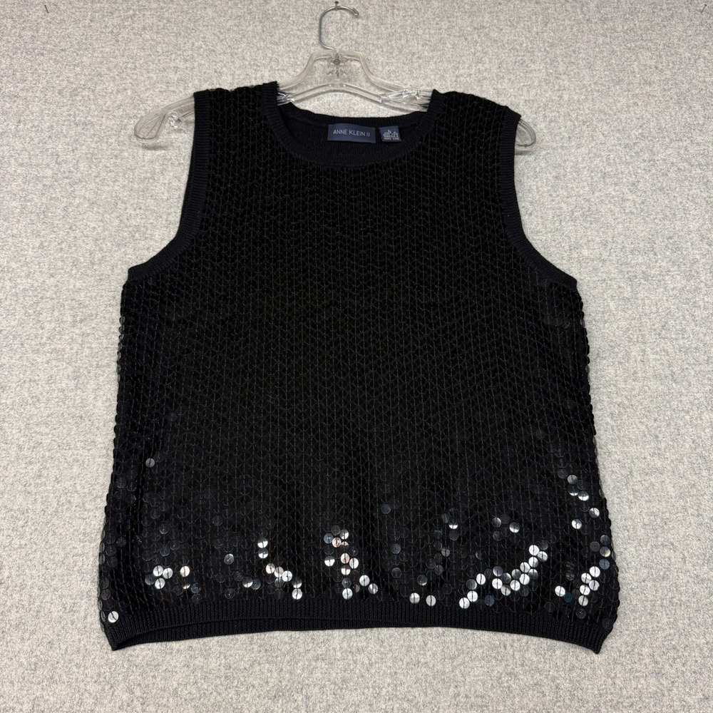 Anne Klein II Wool Sequin Knit Tank Top Size L Black Sleeveless Mesh Shell 1432